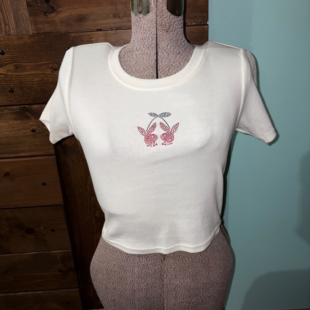 PLAYBOY White Crop Top with Cherry Bunny Rhinestone Graphic